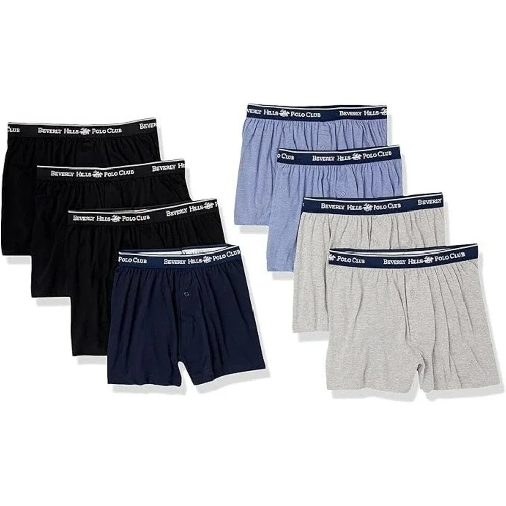 8-Pack Beverly Hills Polo Club Men's Boxer Briefs MEDIUM Navy Grey Light Blue
